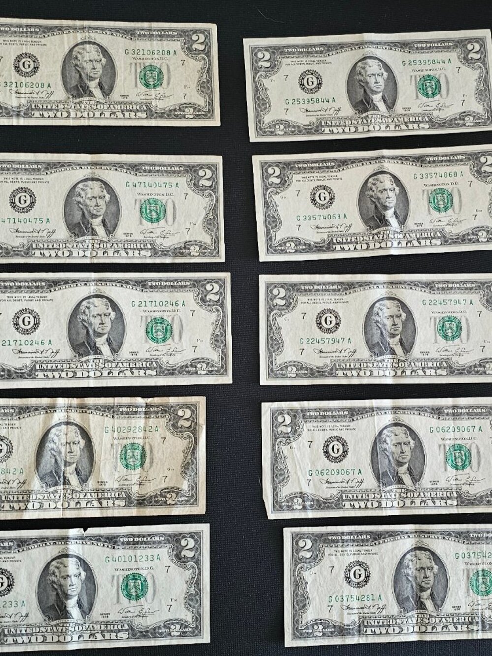 (10) Two ($2.00) Dollar Currency Bill Series 1976 # G 25395844 A